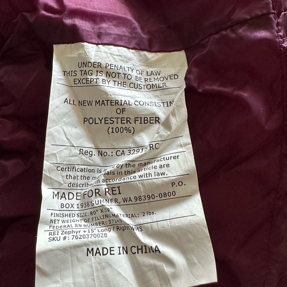 REI Zephyr Women’s Sleeping Bag +15F - Picture 3 of 3